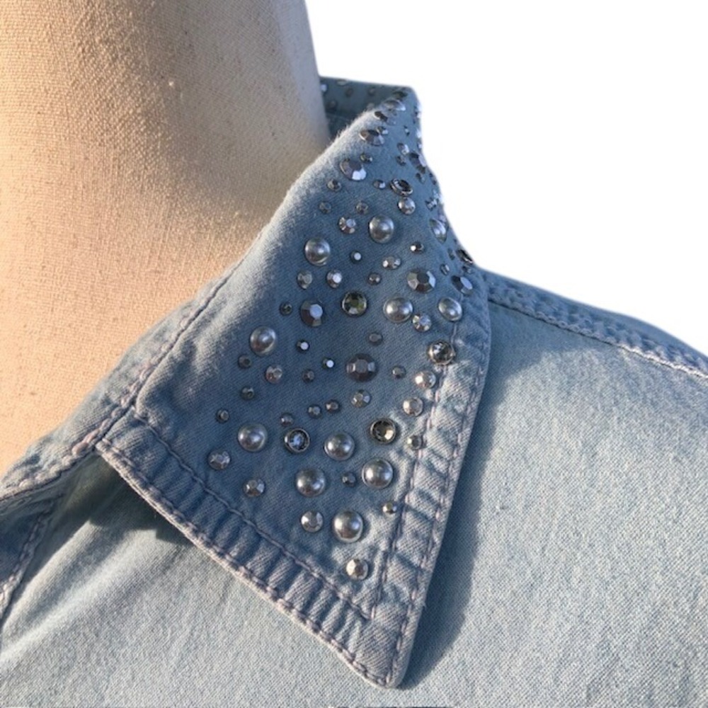Y2K Coastal Cowgirl Chambray Top XL Western Chic Country Concert Studded Collar